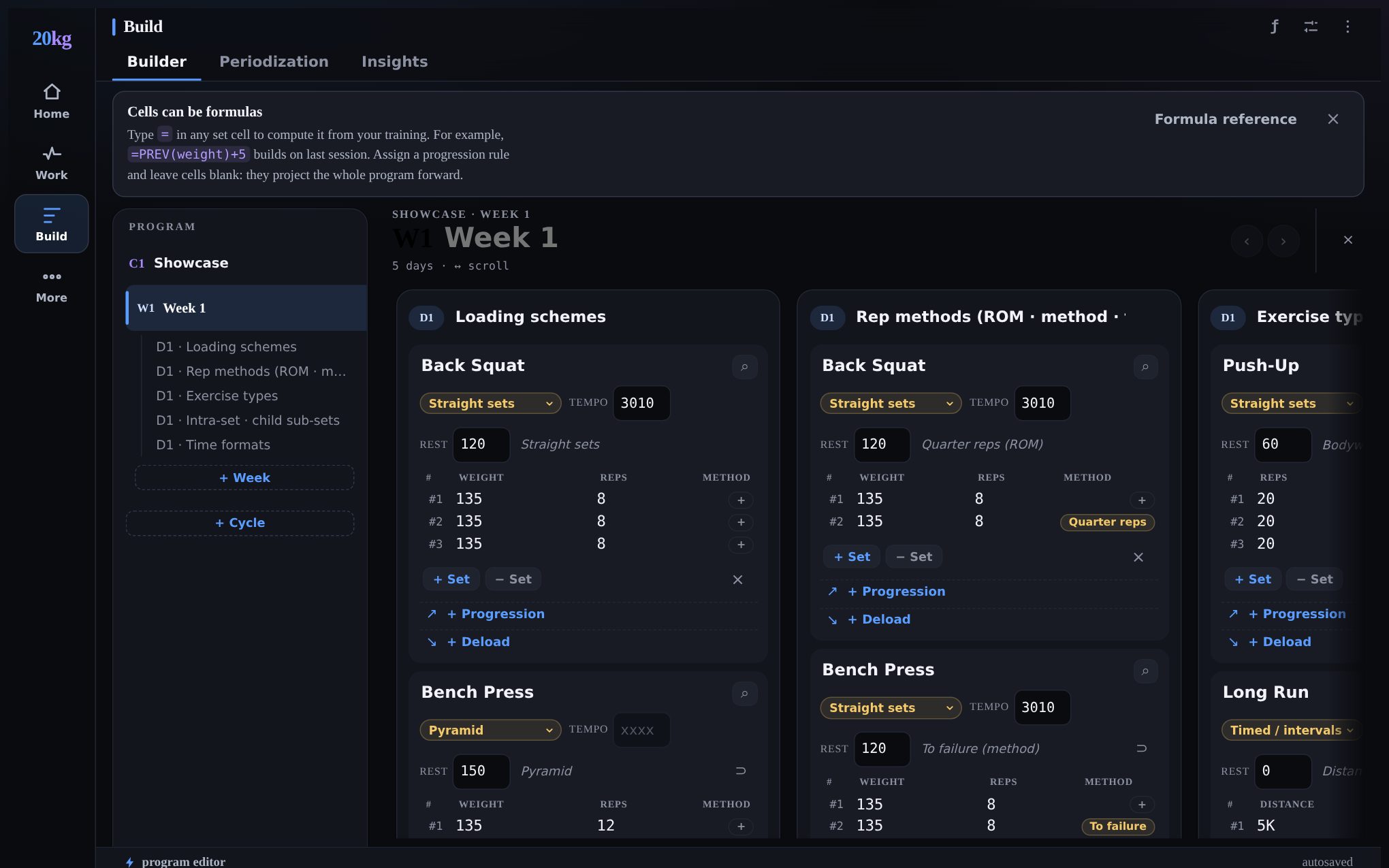 The 20kg.fitness builder showing a real program: editable set grids for Back Squat and Bench Press with weights, reps, and per-set methods like straight sets and pyramid, alongside tempo and rest fields and per-exercise Progression and Deload controls.